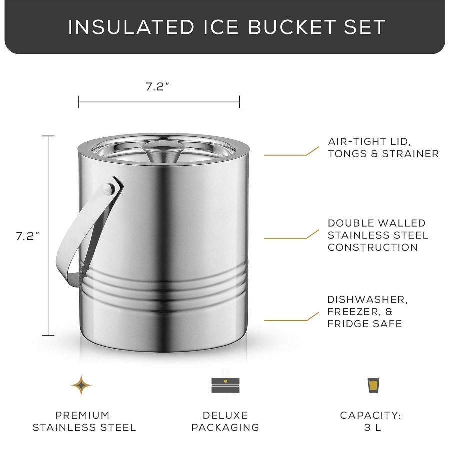 JoyJolt Joyjolt 3L Steel Ice Bucket: Strainer & Tongs | Anniversary Gifts