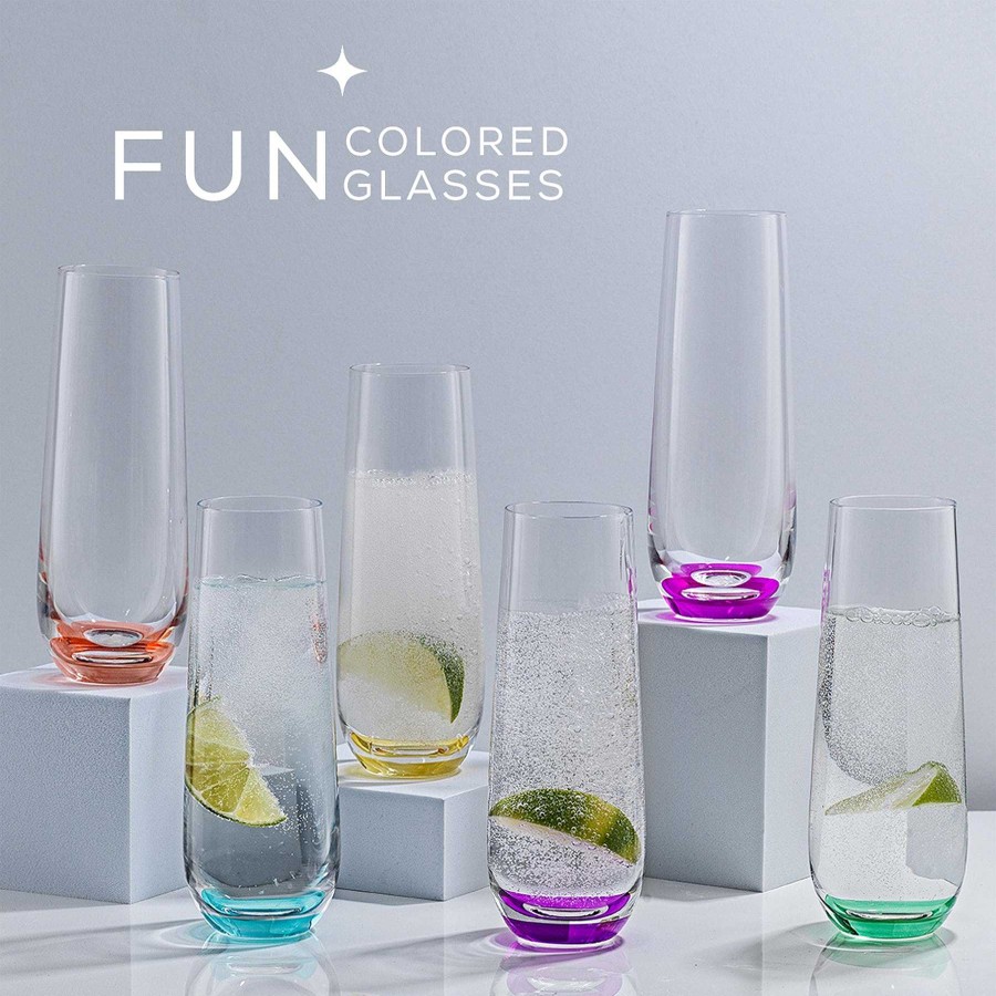 JoyJolt Hue Colored Stemless Champagne Flute Glass Set | Champagne Glasses